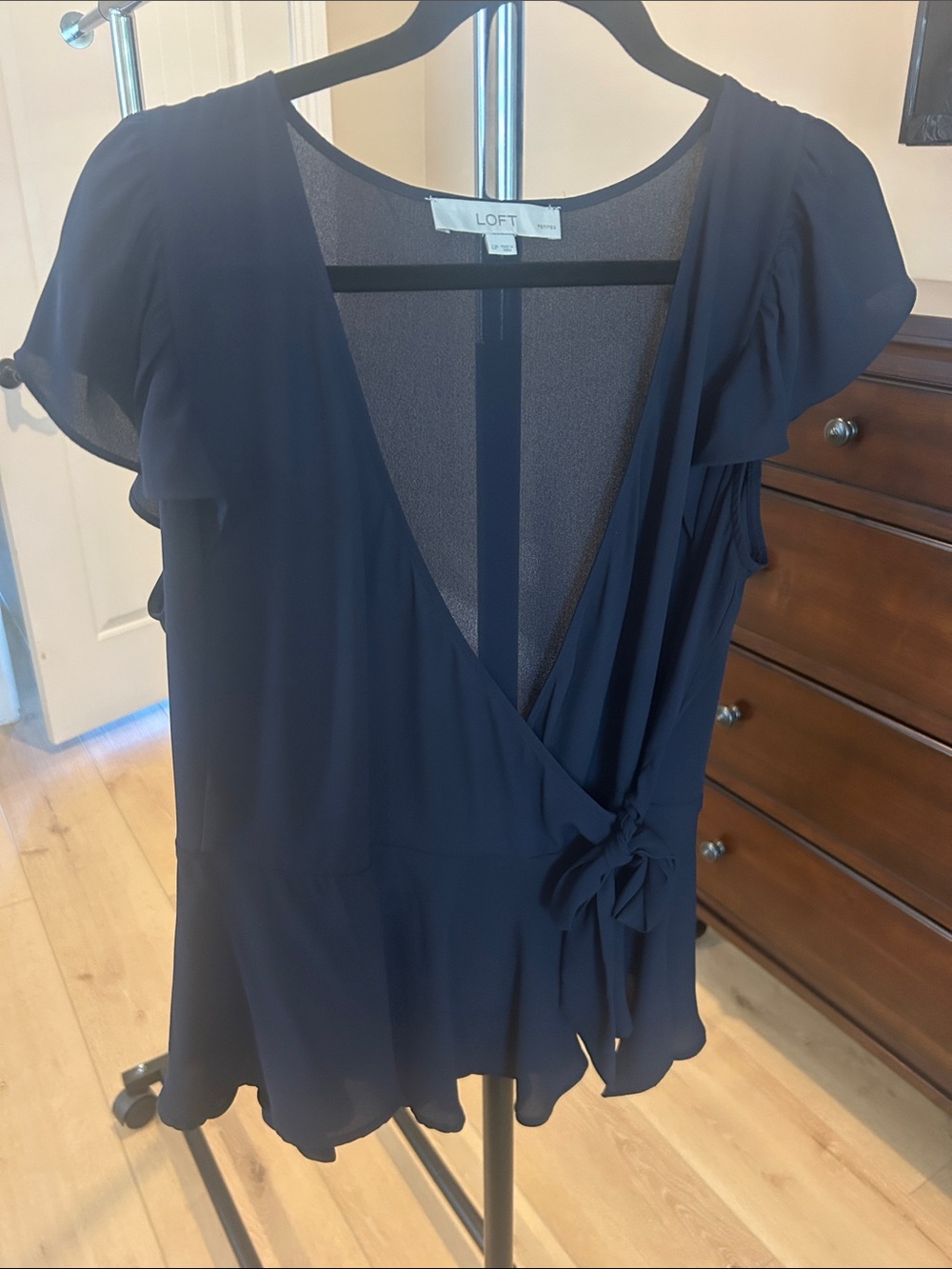LOFT Navy Flutter Sleeve Faux-Wrap Blouse with Side Tie